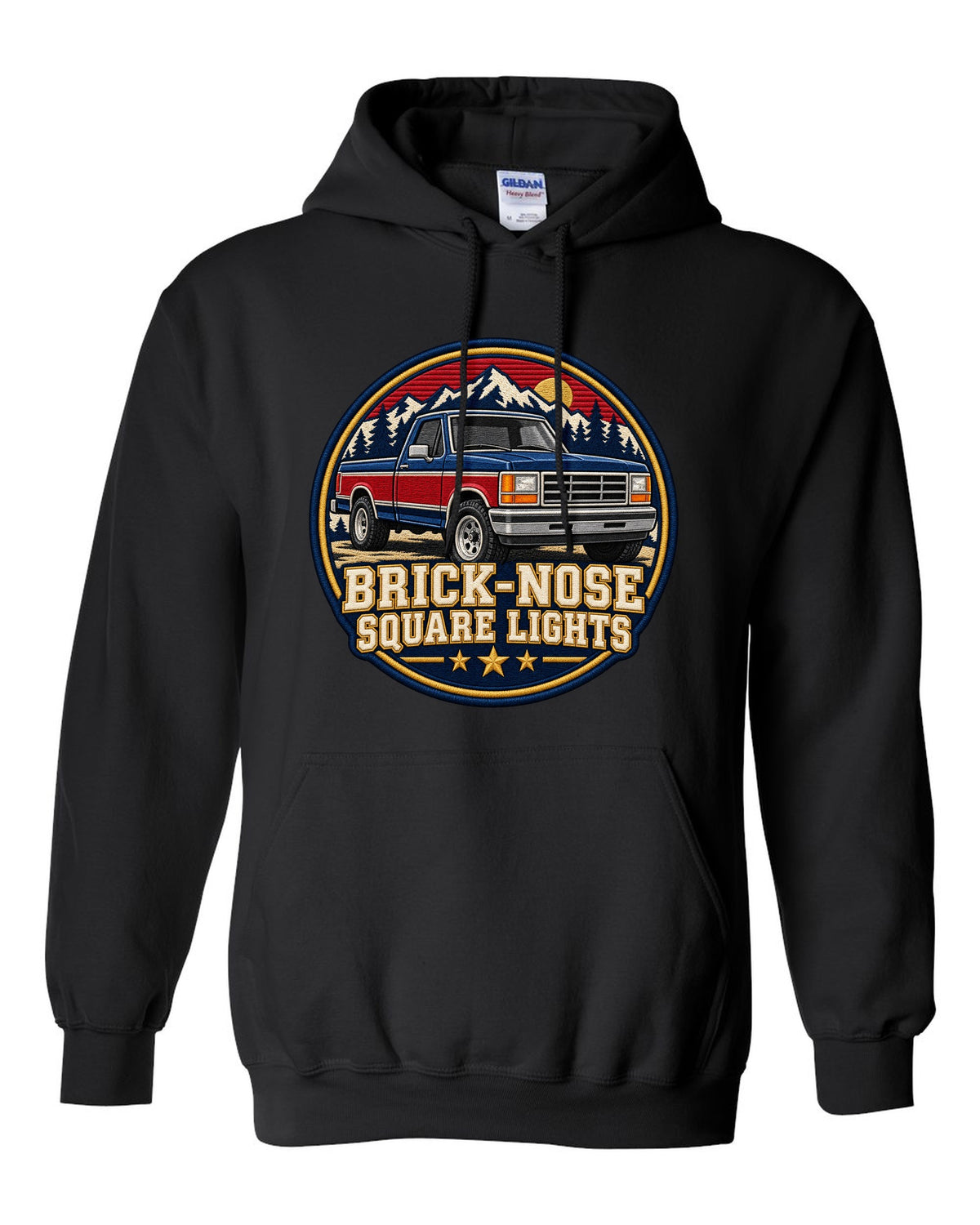 Shield crest print for a 1987-91 Ford F-150 Brick-Nose with square lights text black pull over hoodie front view with the design