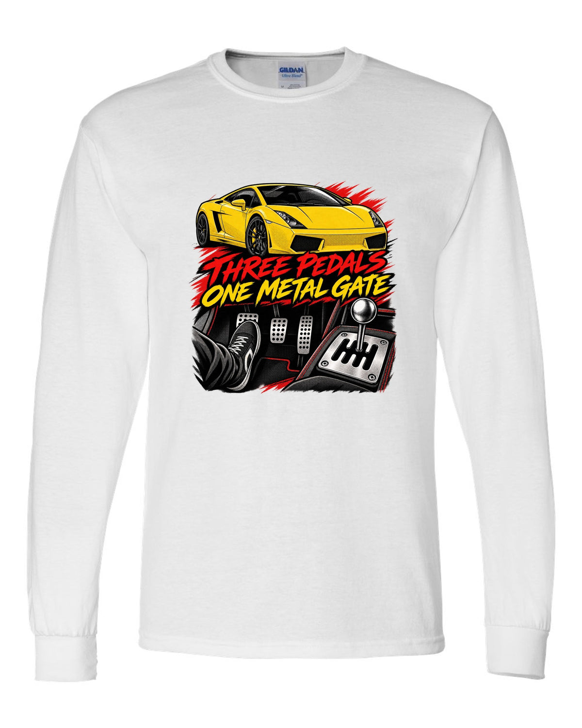 Retro black-ink manga panel of a Lamborghini Gallardo coupe with a gated six-speed manual shifter white long sleeve front view with the design