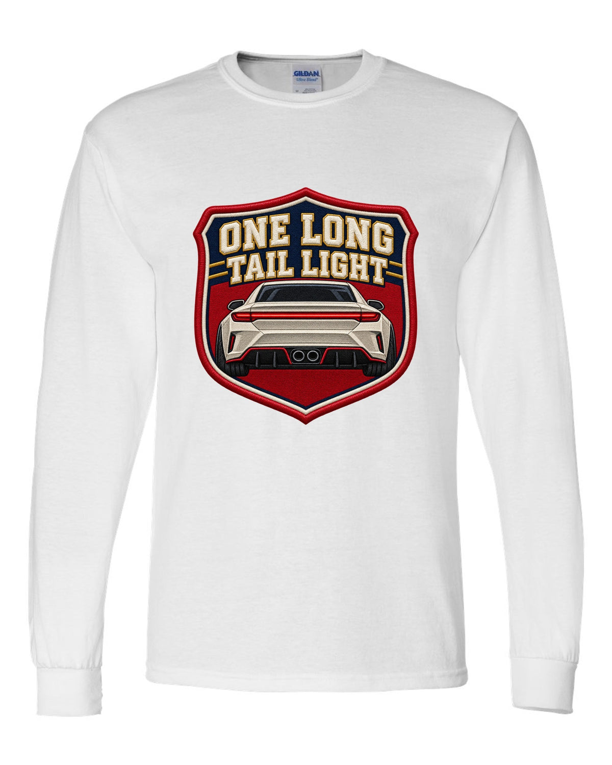 Embroidery varsity crest print of a Hyundai Elantra N CN7 rear with one long tail light text white long sleeve front view with the design