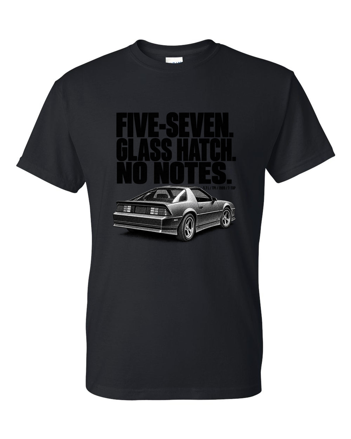 Halftone print of a 1989 Chevrolet Camaro IROC-Z glass ch with five-seven text black t-shirt front view with the design