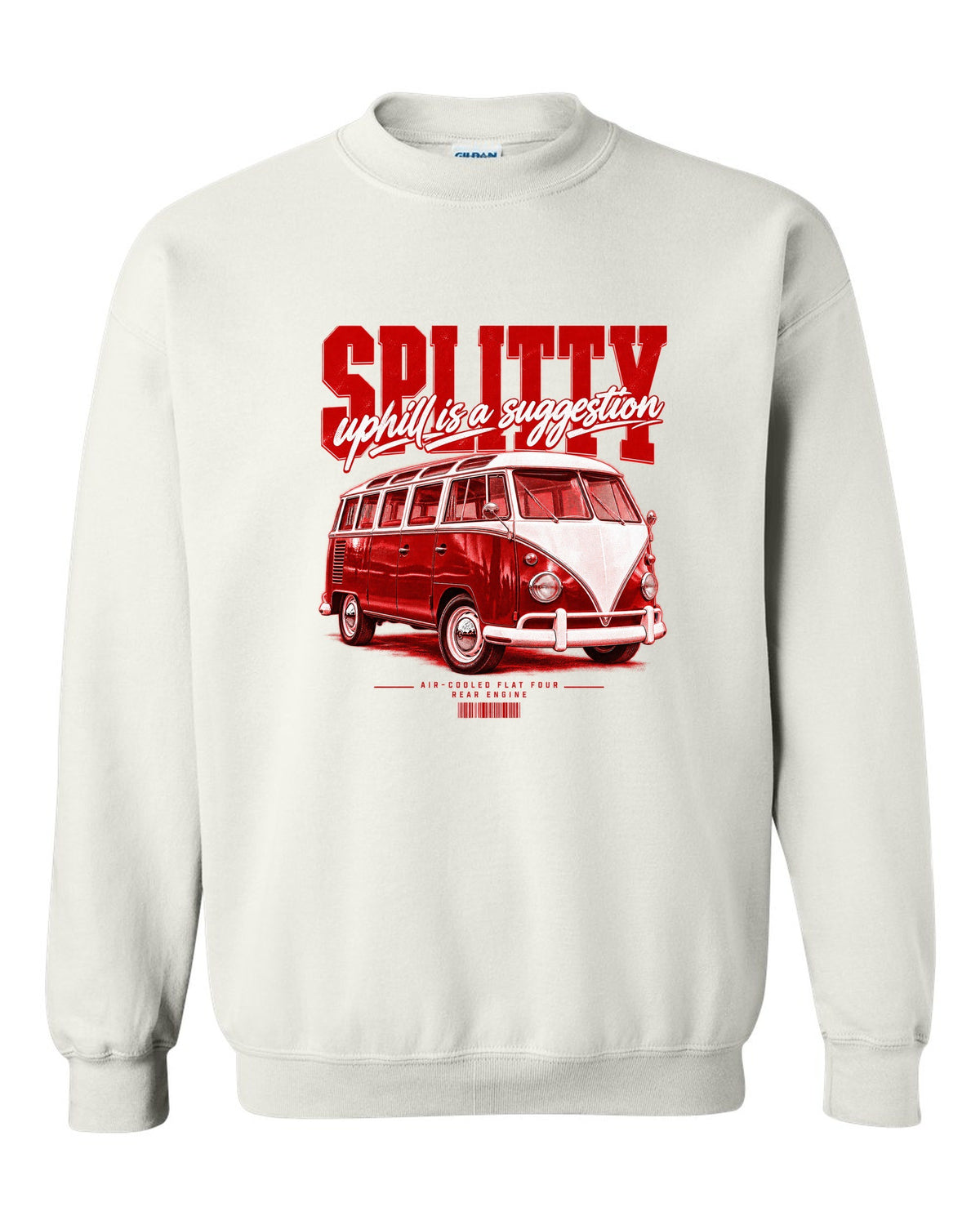 Street poster print of a 1963 VW T1 split-window bus with air-cooled flat-four text white crewneck front view with the design