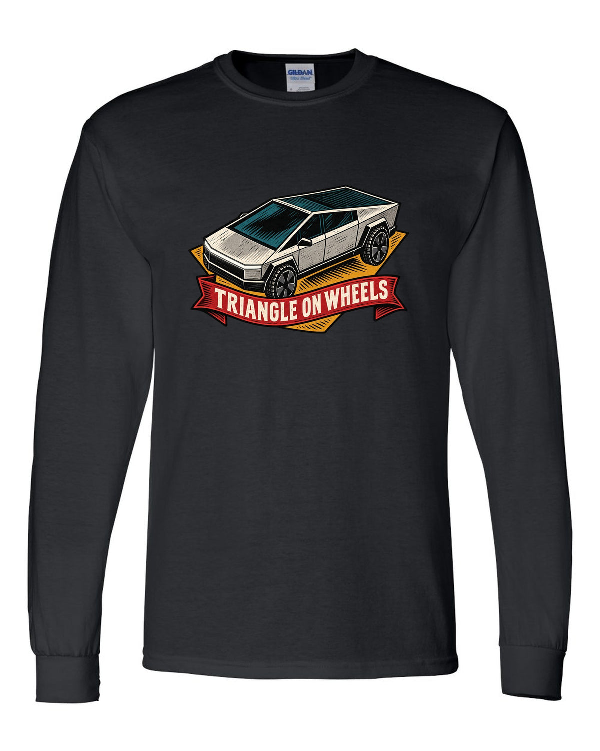 Bold linocut woodblock print of a 2023 Tesla Cybertruck with the words Triangle on Wheels black long sleeve front view with the design