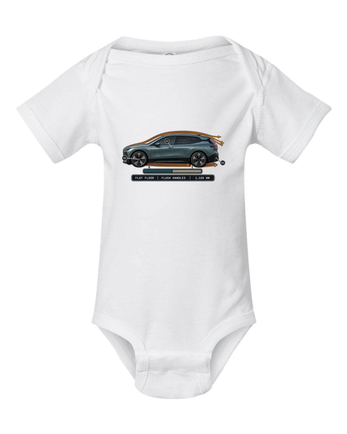 Aero cutaway callout print of the BMW iX M60 I20 with flush handles and flat floor white baby onesie front view with the design