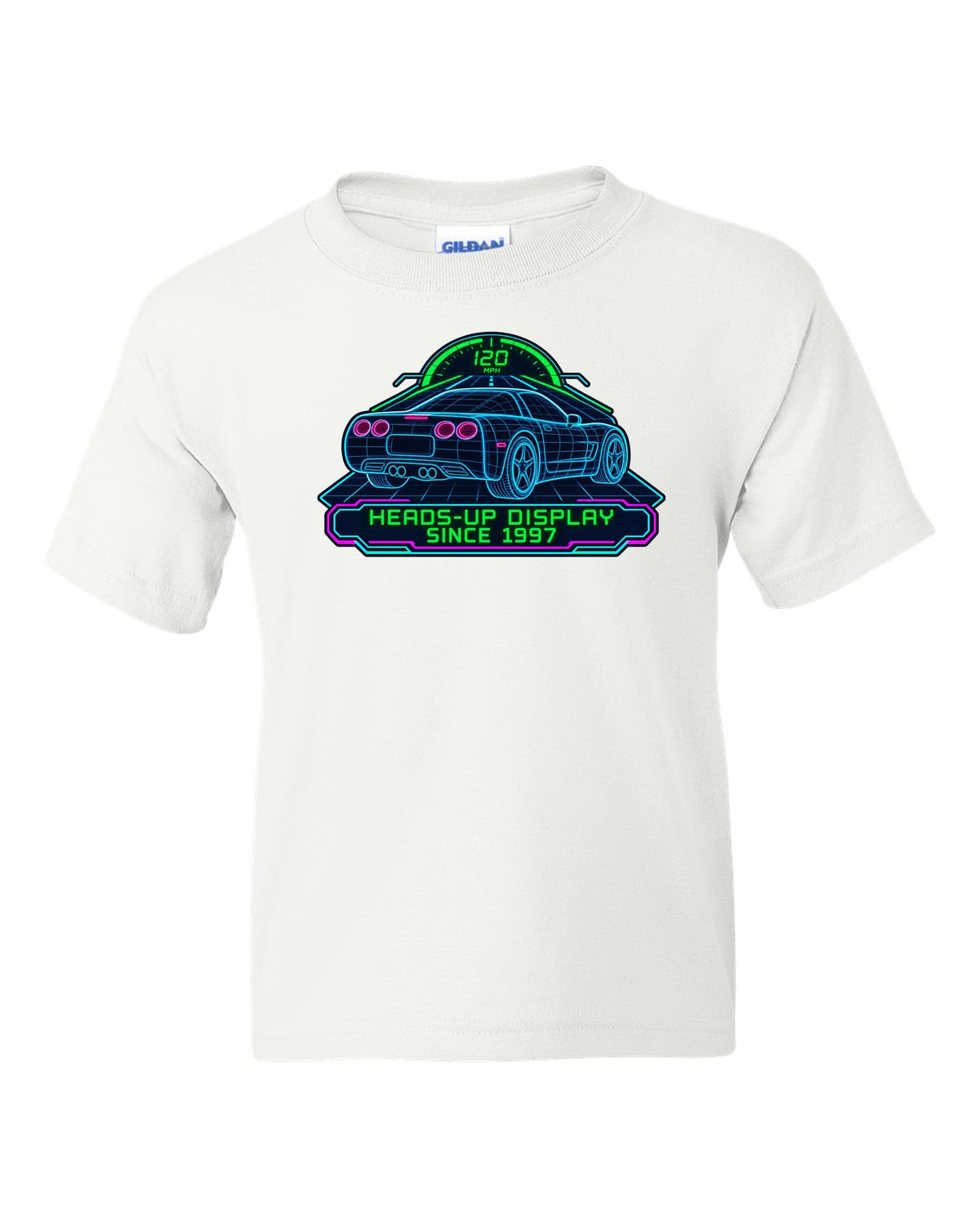 Hand-drawn doodle print of a 2020 Chevrolet Corvette C8 Stingray with heads-up display since 1997 lettering white kids tee front view with the design