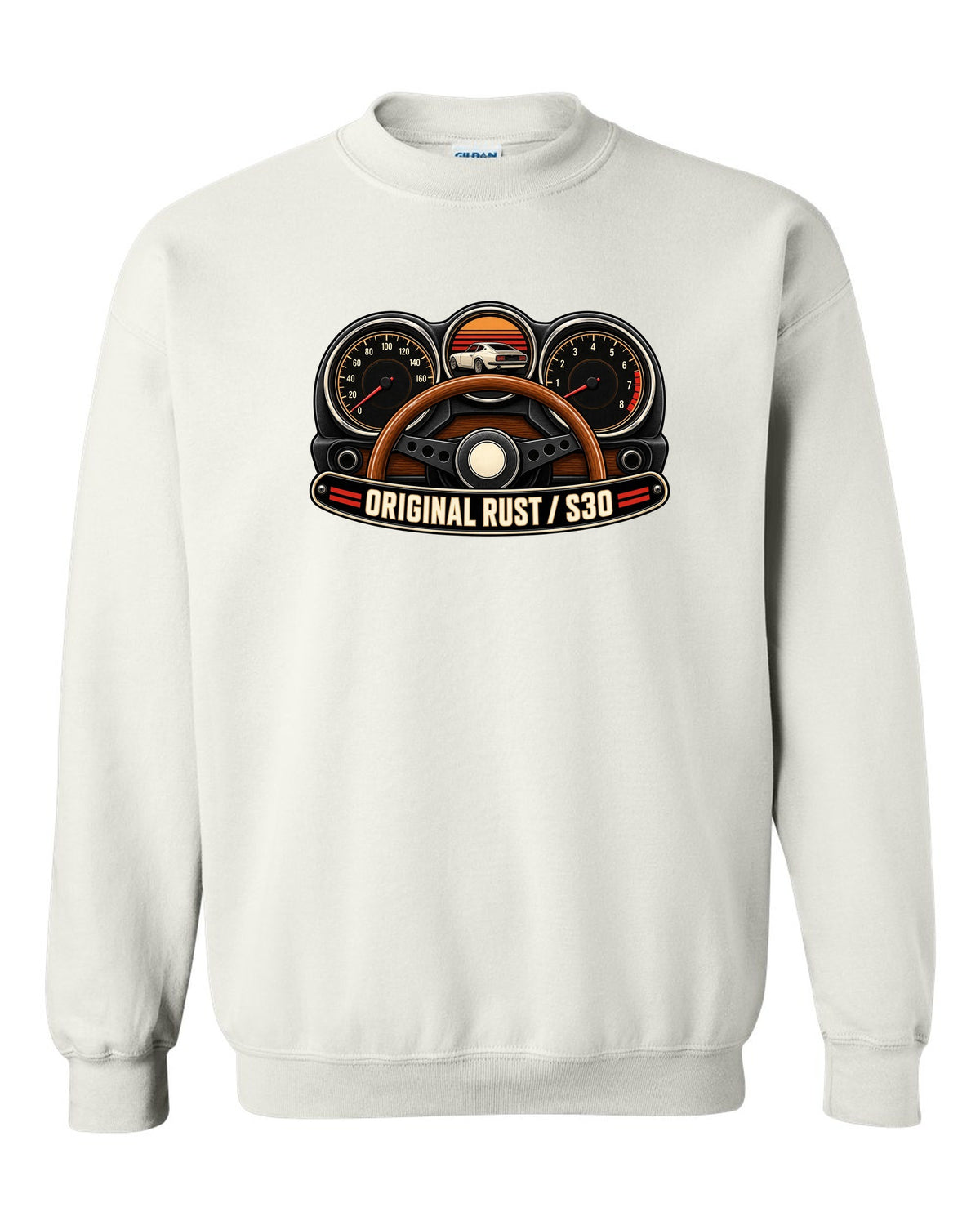 Analog gauge cluster print for the Datsun 240Z S30 reading Original Rust white crewneck front view with the design
