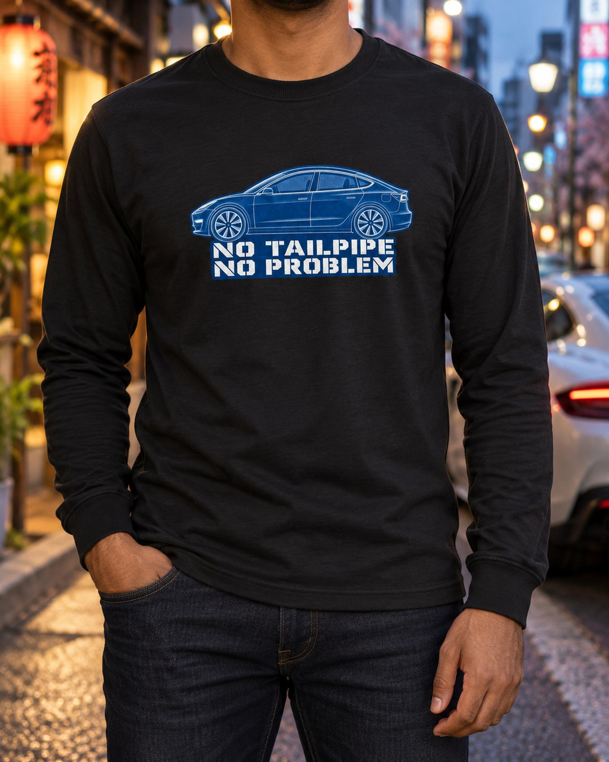Tesla Model 3 Cyanotype Blueprint Shirt, No Tailpipe Tee Long Sleeve Black worn hero