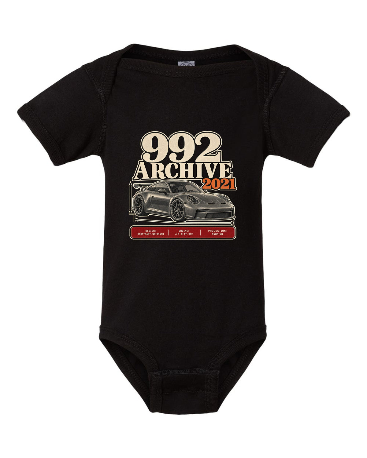 Porsche 992 GT3 archive panel print design black baby onesie front view with the design