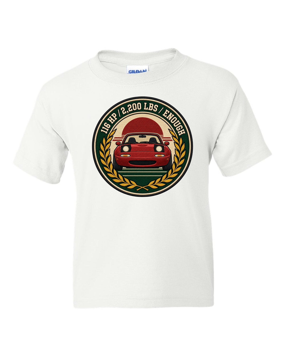 Embroidery-style varsity crest of a Mazda MX-5 NA6C with 116 HP spec text white kids tee front view with the design