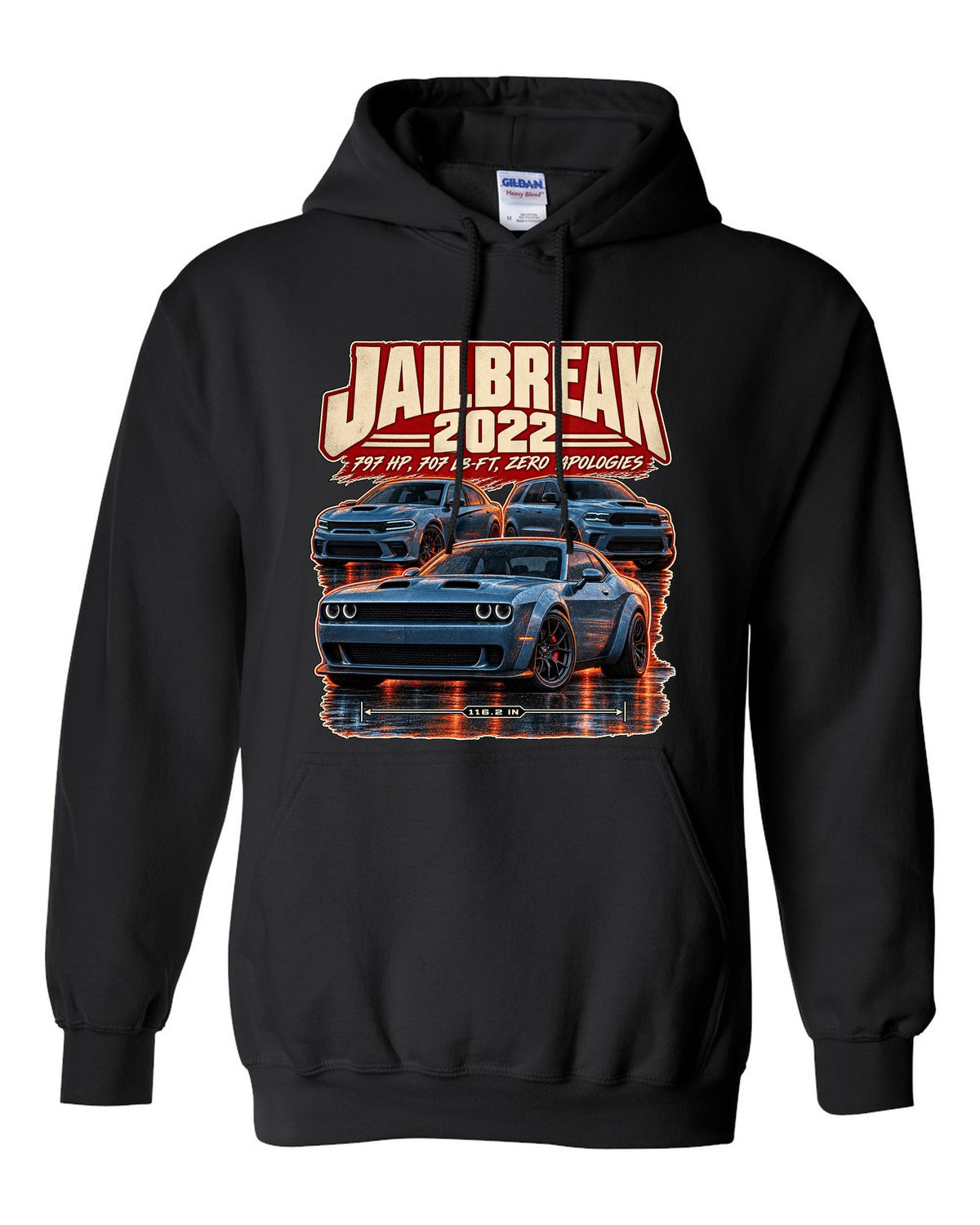 Dodge Challenger Hellcat Redeye Jailbreak 2022 street poster print black pull over hoodie front view with the design
