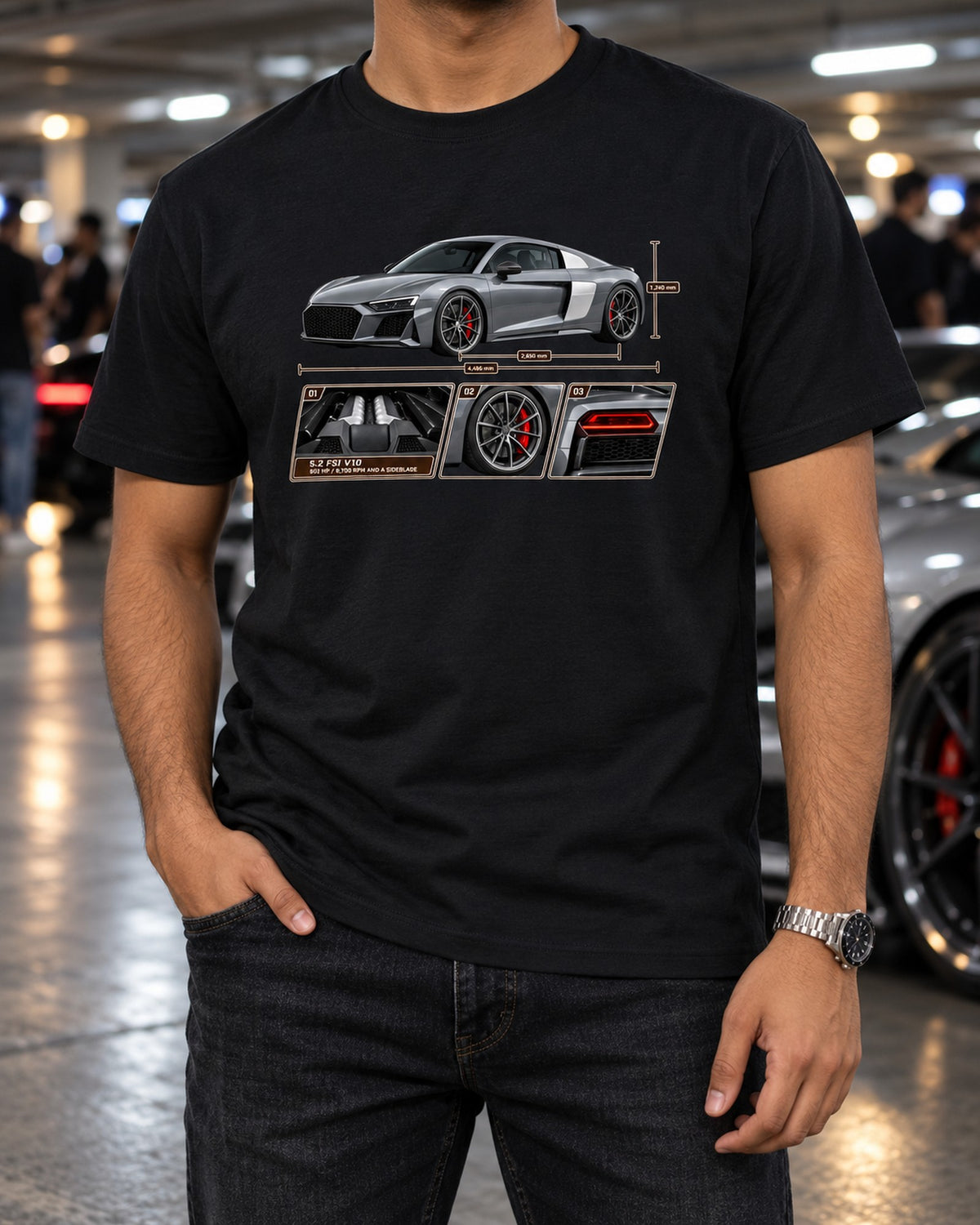 Audi R8 V10 Performance Dossier Panels Tee, Nardo Grey T-Shirt Black worn hero