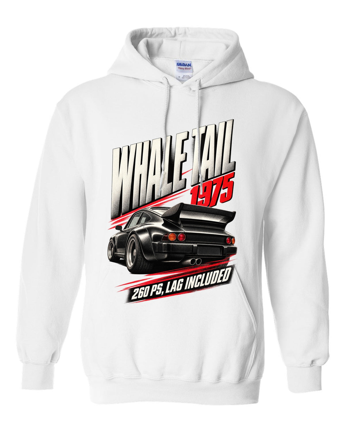 Race poster print of the 1975 Porsche 911 Turbo 3.0 (930) with whale tail and 260 PS text white pull over hoodie front view with the design