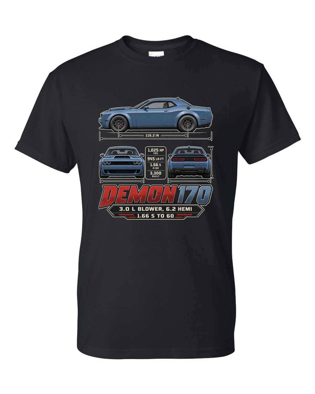Dodge Challenger SRT Demon 170 dimension blueprint print black t-shirt front view with the design