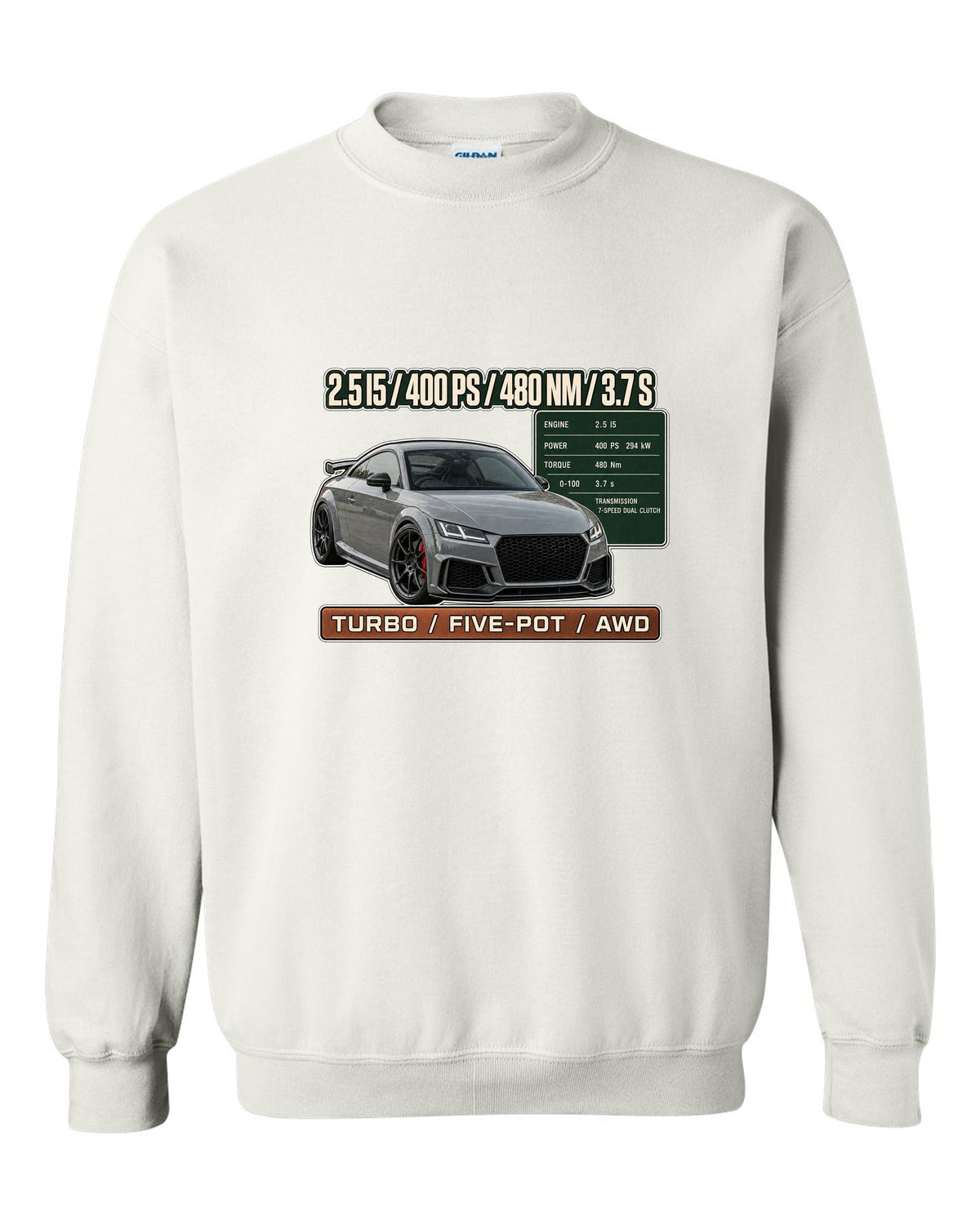 Audi TT RS 8S coupe spec poster print with 400 PS and 480 Nm white crewneck front view with the design