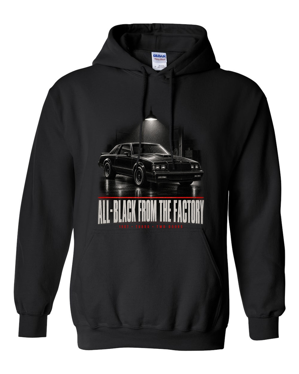 1987 Buick Grand National garage night scene print with all-black text black pull over hoodie front view with the design
