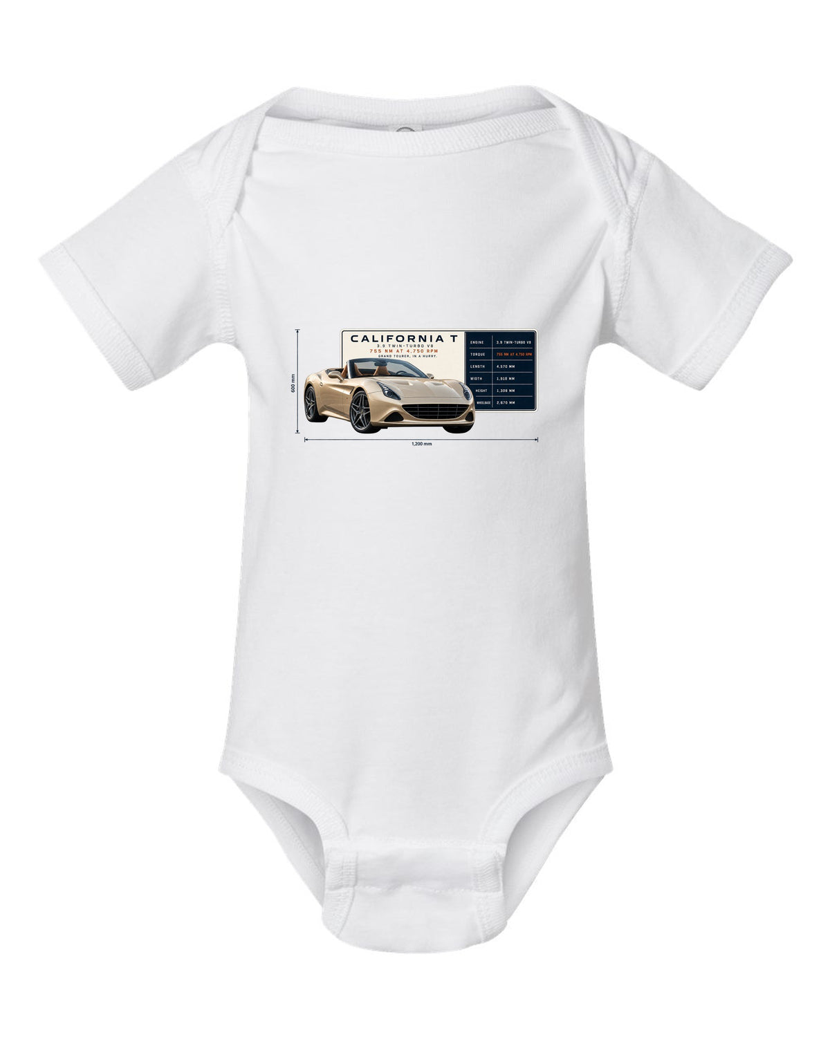 Spec poster print of the Ferrari California T in champagne tones white baby onesie front view with the design