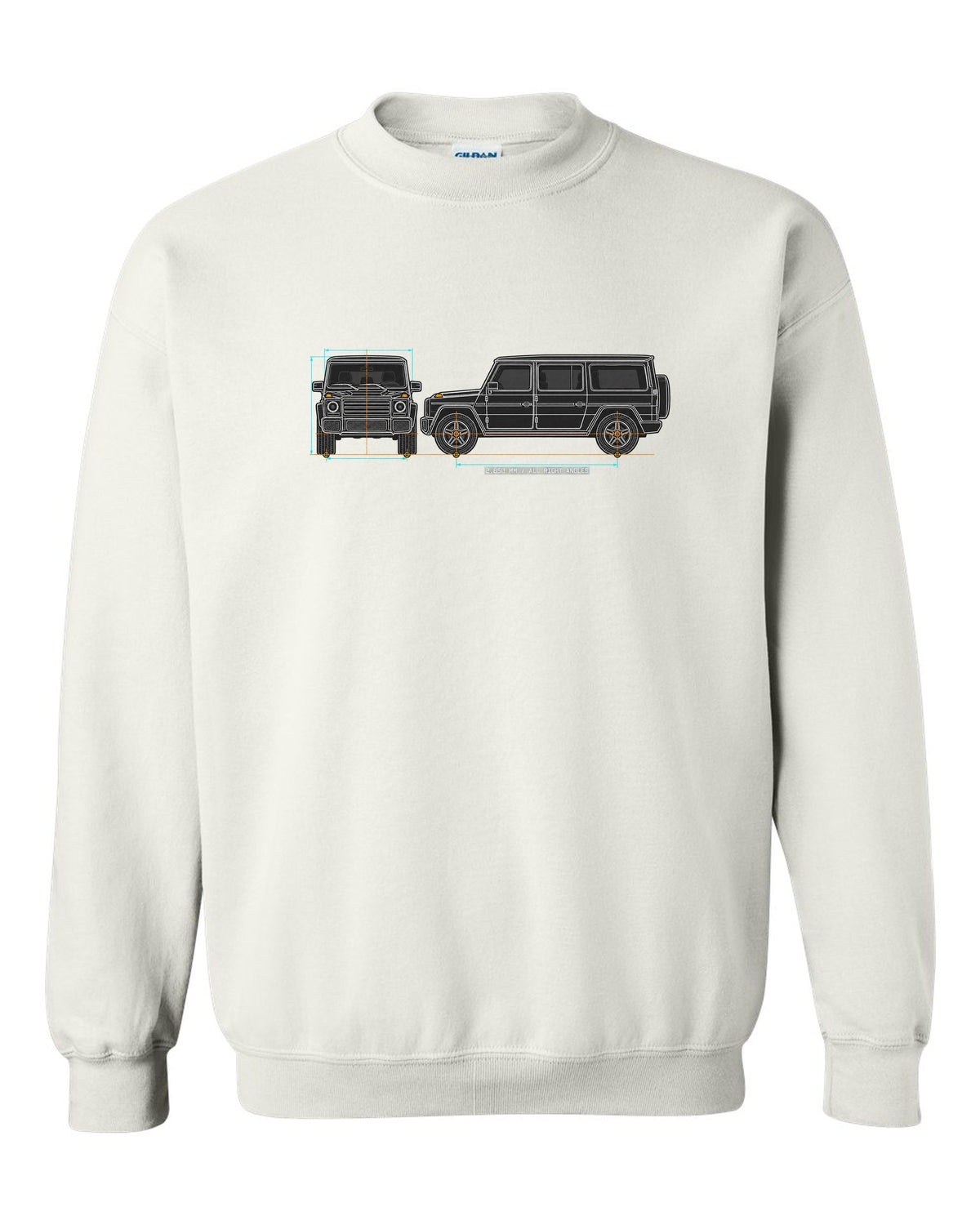 Neon outline graphic of a Mercedes SLS AMG C197 with gullwing doors open, print white crewneck front view with the design
