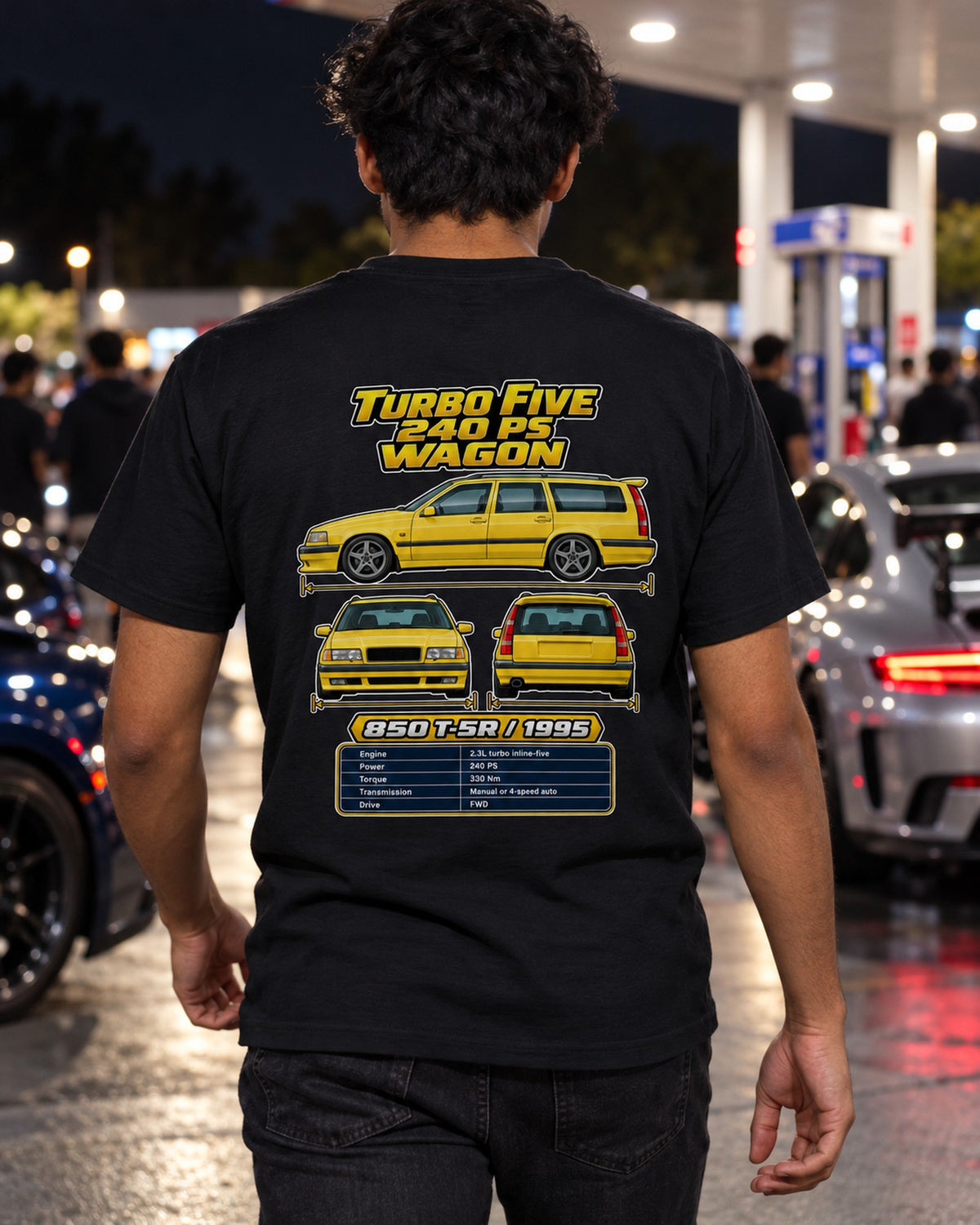 Volvo 850 T5 R Spec Sheet Full-Back Graphic Tee T-Shirt Black worn hero