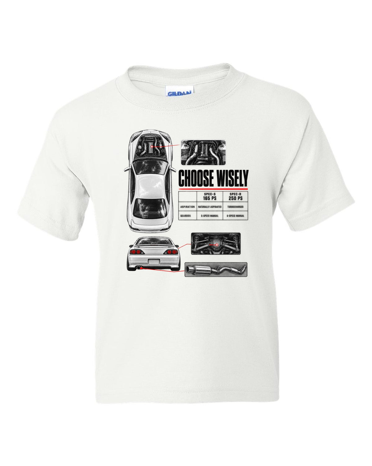 Spec poster of a Nissan Silvia S15 comparing Spec-S 165 PS and Spec-R 250 PS with Choose Wisely lettering white kids tee front view with the design