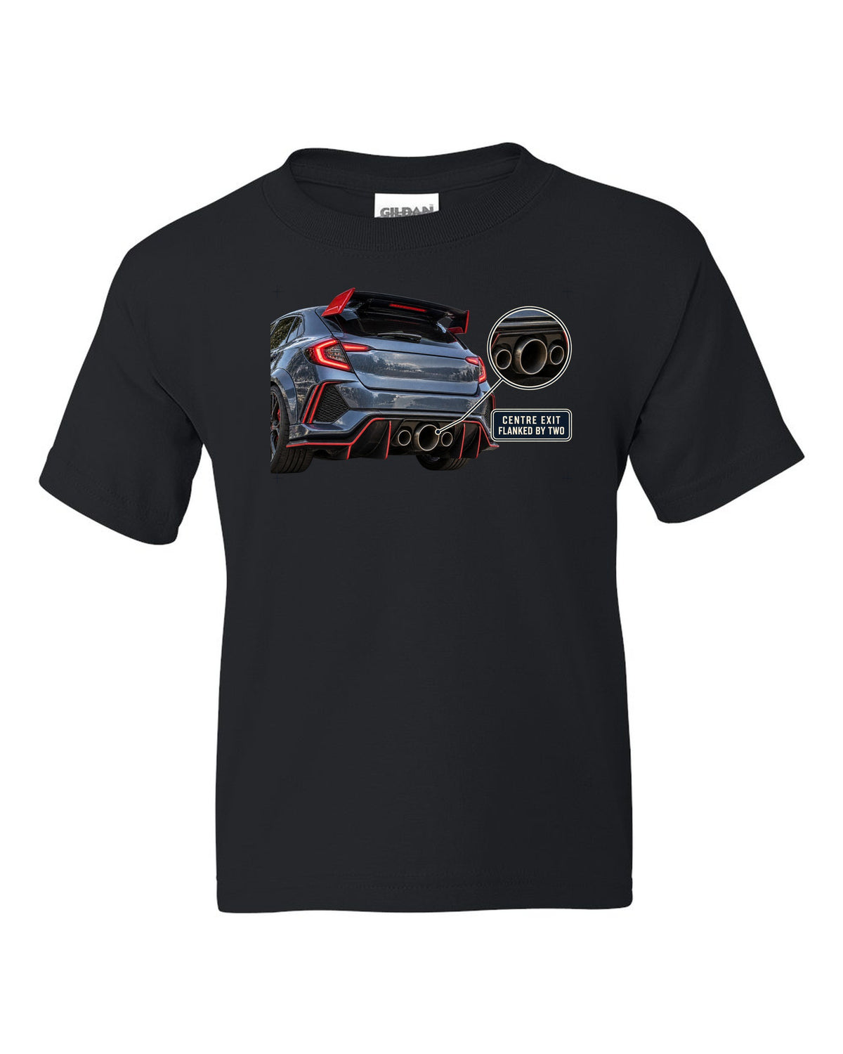 print rear close-up of a Honda Civic Type R FK8 with triple exhaust outlets black kids tee front view with the design