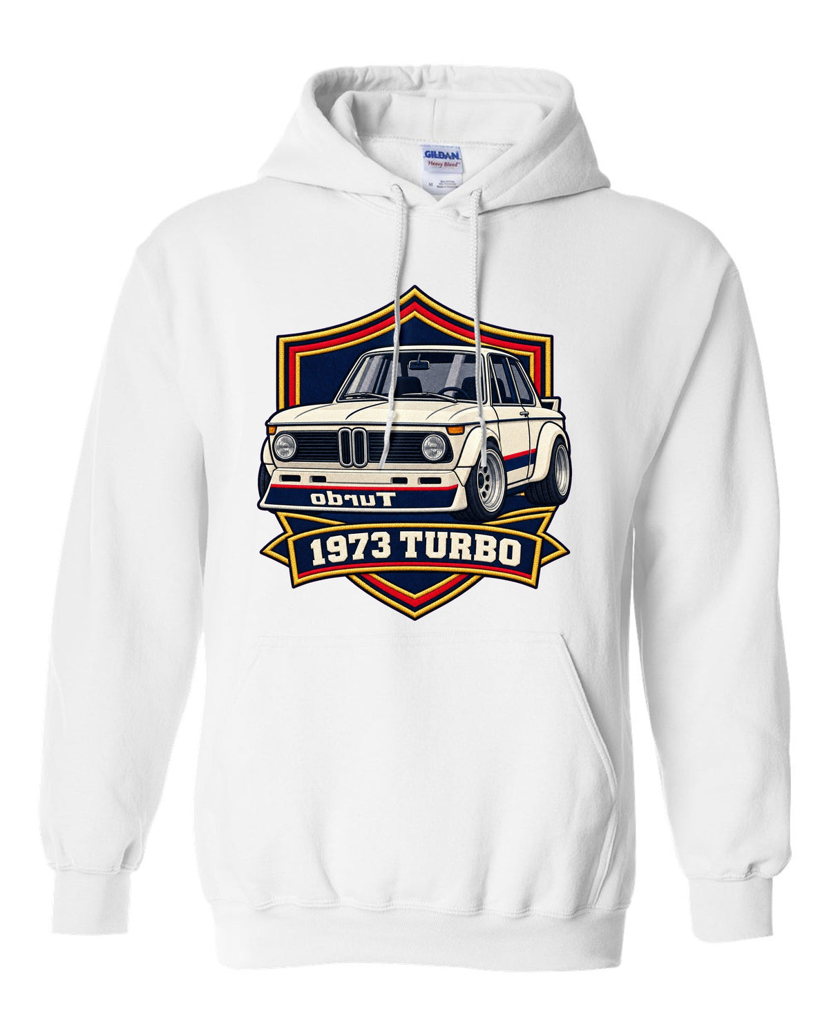 BMW 2002 turbo varsity crest print with mirrored turbo lettering and 1973 white pull over hoodie front view with the design