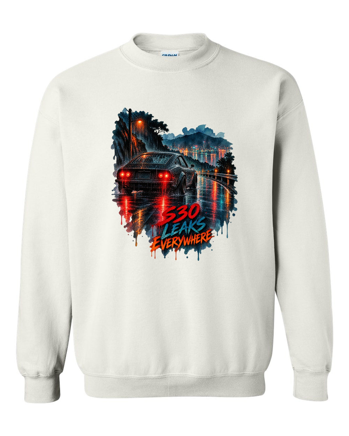Watercolour wet-road night print of a Nissan Fairlady Z S30 with leaks everywhere lettering white crewneck front view with the design