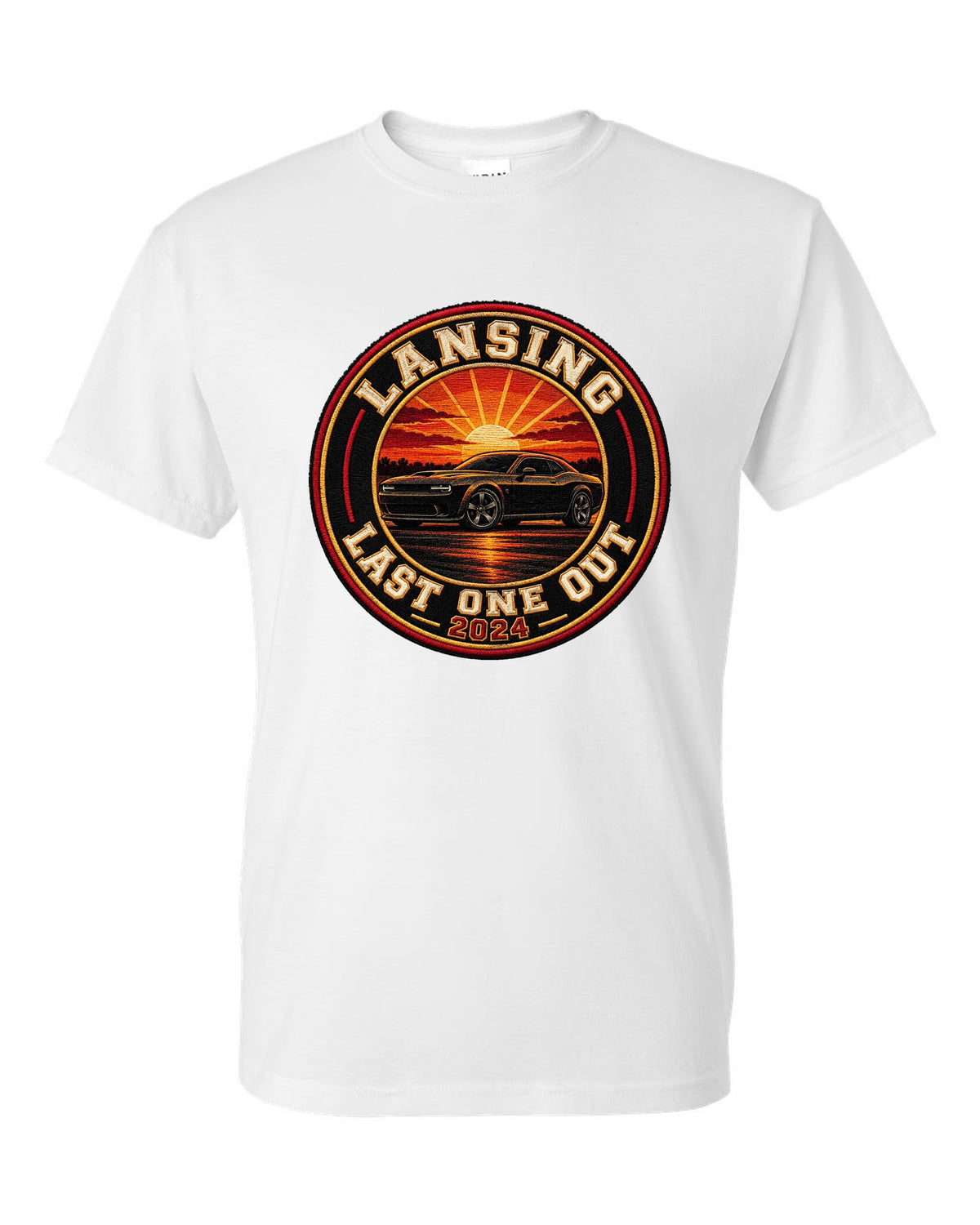 2023 Chevrolet Camaro varsity crest print reading Lansing Last One Out 2024 white t-shirt front view with the design