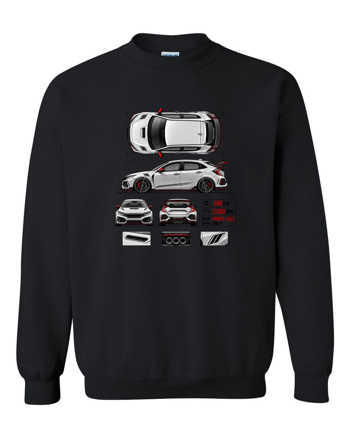 Spec poster print of a 2018 Honda Civic FK8 chback with torque figures black crewneck front view with the design
