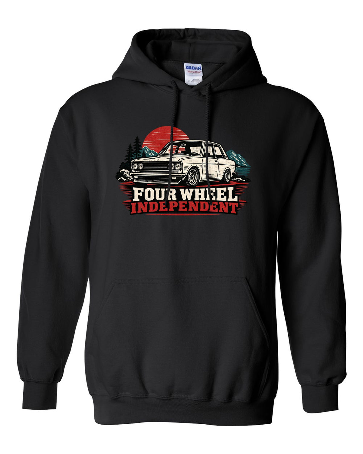 Linocut print of a Datsun 510 with Four Wheel Independent lettering black pull over hoodie front view with the design