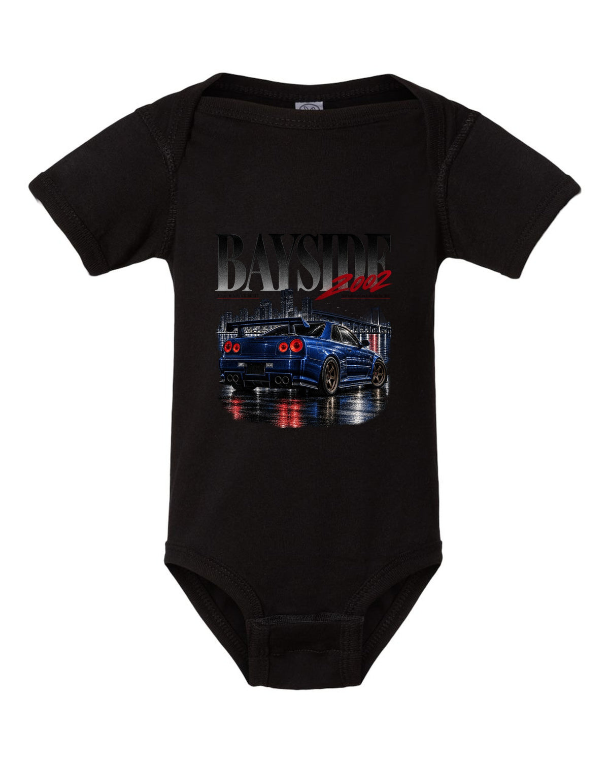 Editorial print of a Nissan Skyline GT-R R34 V-Spec II Nur rear with RB26DETT text black baby onesie front view with the design