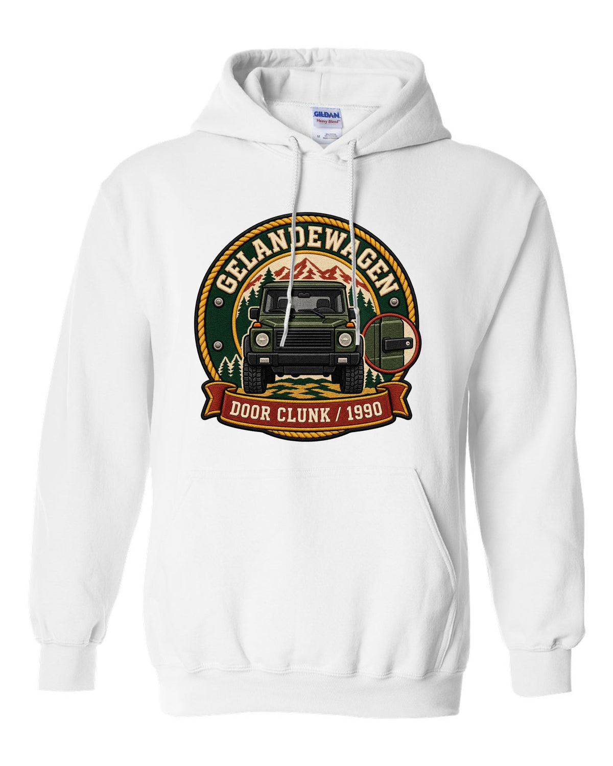 Embroidery-style shield crest graphic reading Door Clunk 1990 for a Mercedes G-Class W463, print white pull over hoodie front view with the design