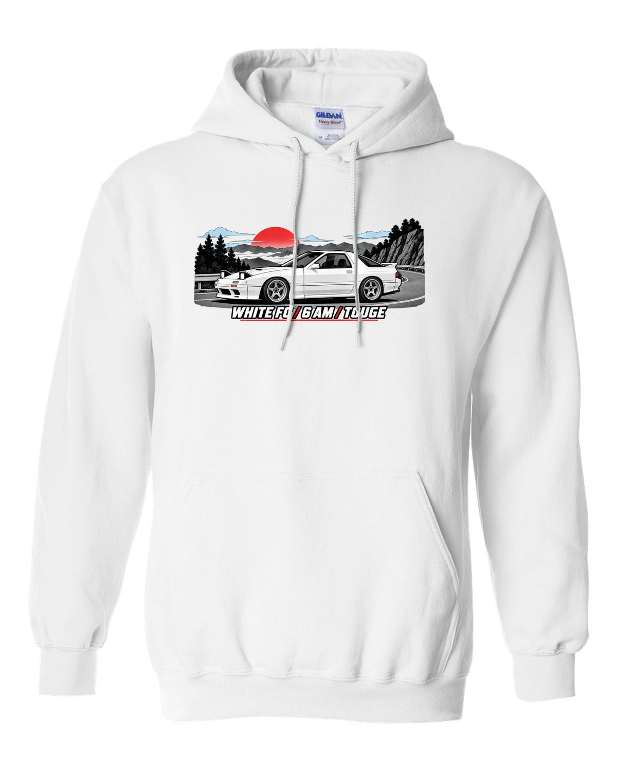 Pixel art print of a Mazda RX-7 SA22C with the text Compression, W's T white pull over hoodie front view with the design