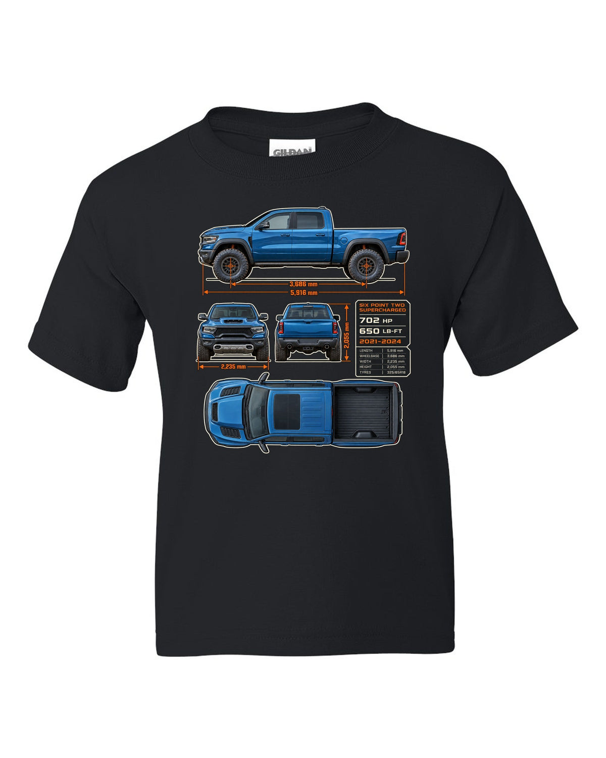 Ram 1500 TRX 2021-2024 dimension blueprint plate print black kids tee front view with the design