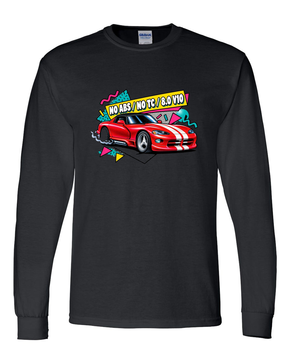 Airbrushed 90s Memphis grid design of a 1994 Dodge Viper RT/10 SR I black long sleeve front view with the design
