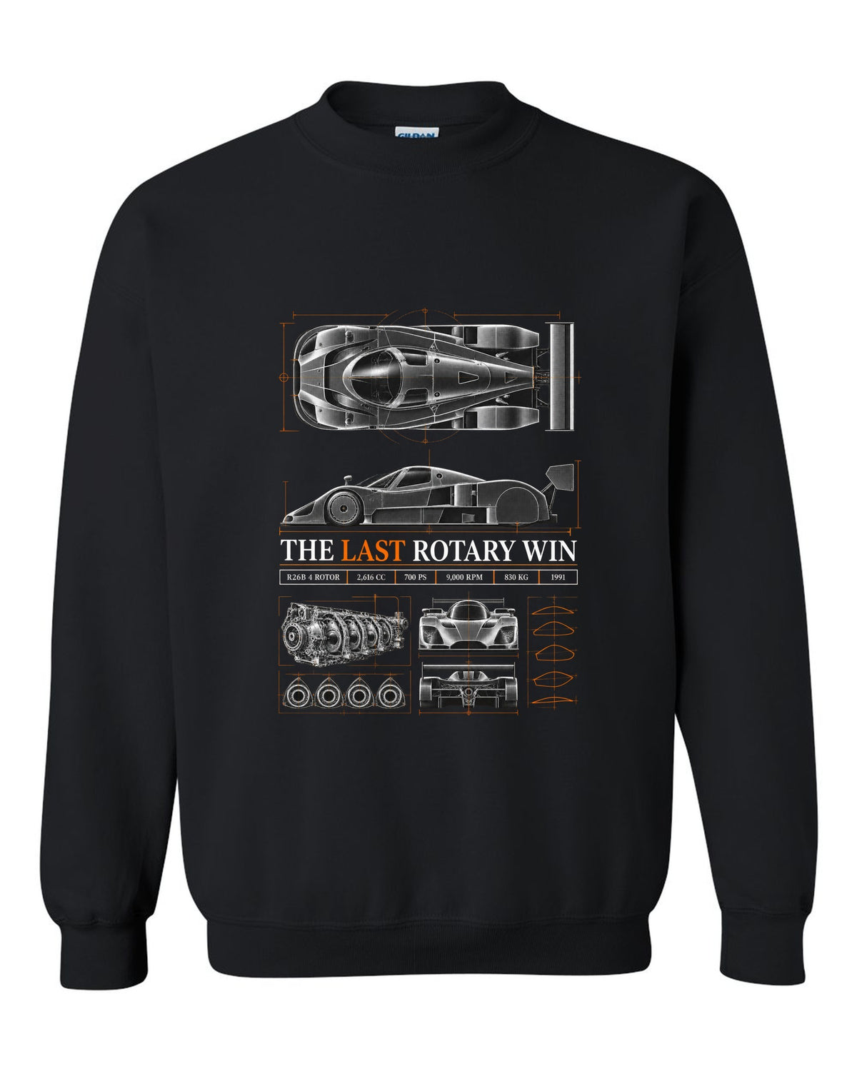 Spec poster print for the 1991 Mazda 787B with R26B four-rotor, 700 PS and 830 kg figures black crewneck front view with the design
