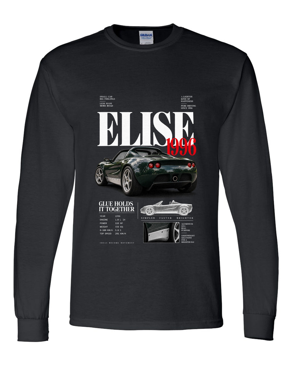 Editorial headline print for a 1996 Lotus Elise S1 with glue holds it together text black long sleeve front view with the design