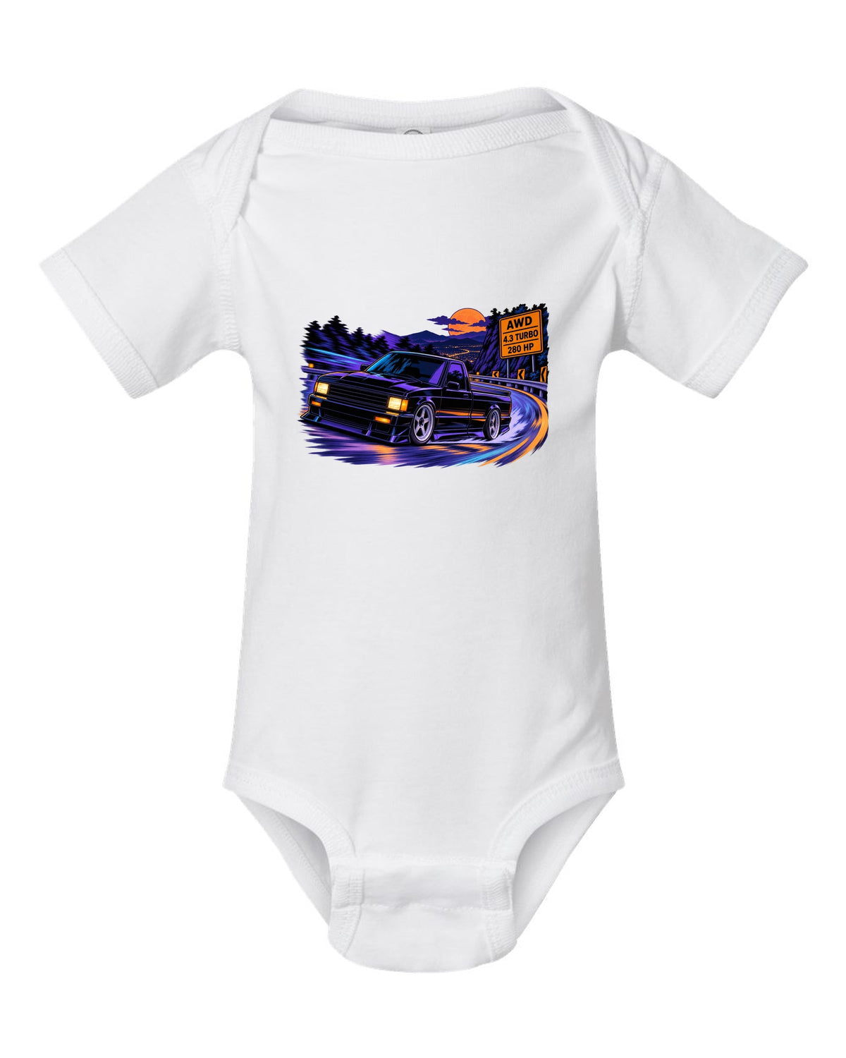 Cel-shaded anime night mountain road print of a 1991 GMC Syclone with AWD 4.3 turbo 280 HP lettering white baby onesie front view with the design