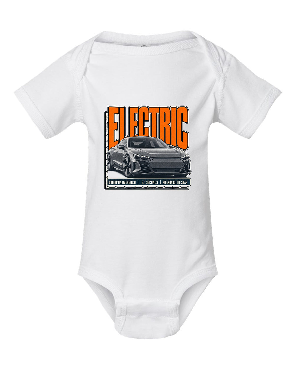 Audi RS e-tron GT low front three-quarter halftone statement print design white baby onesie front view with the design