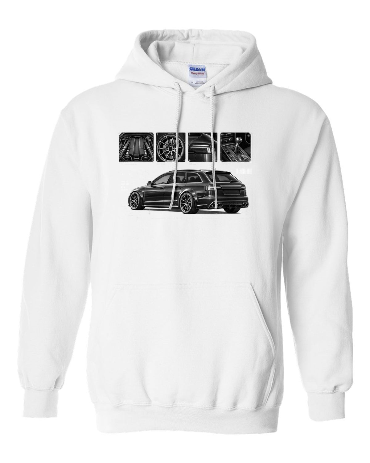 Audi RS6 Avant C6 4F Dossier Panels white pull over hoodie front view with the design