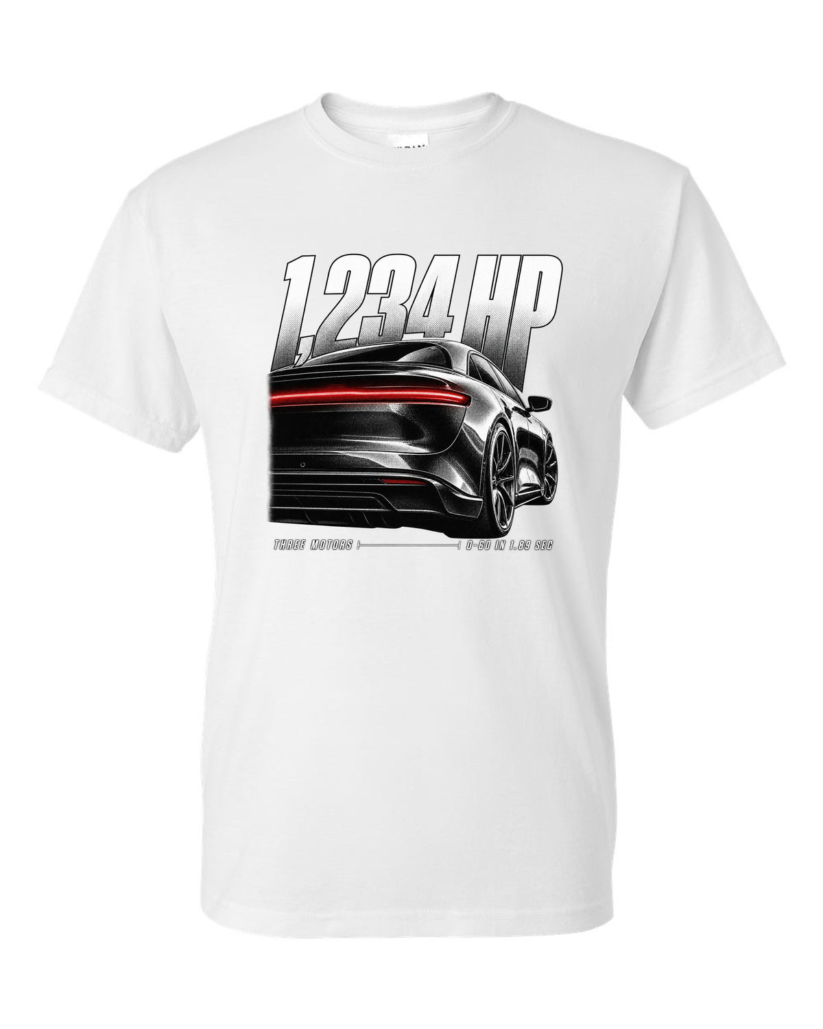 Rear detail macro of Lucid Air Sapphire 2023 with light slit and performance figures white t-shirt front view with the design