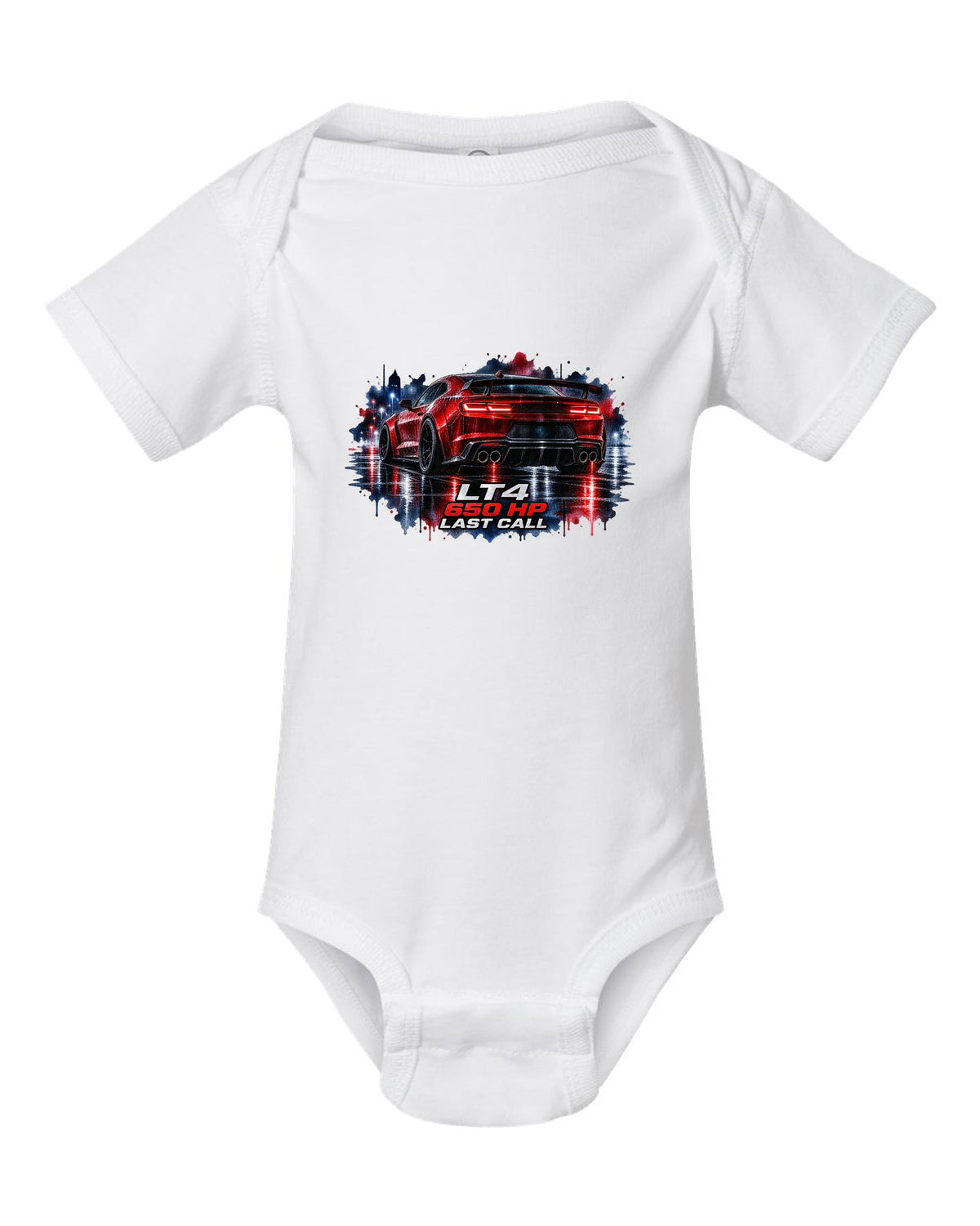 2023 Camaro ZL1 on a wet night road in watercolour style with LT4 650 HP Last Call text white baby onesie front view with the design