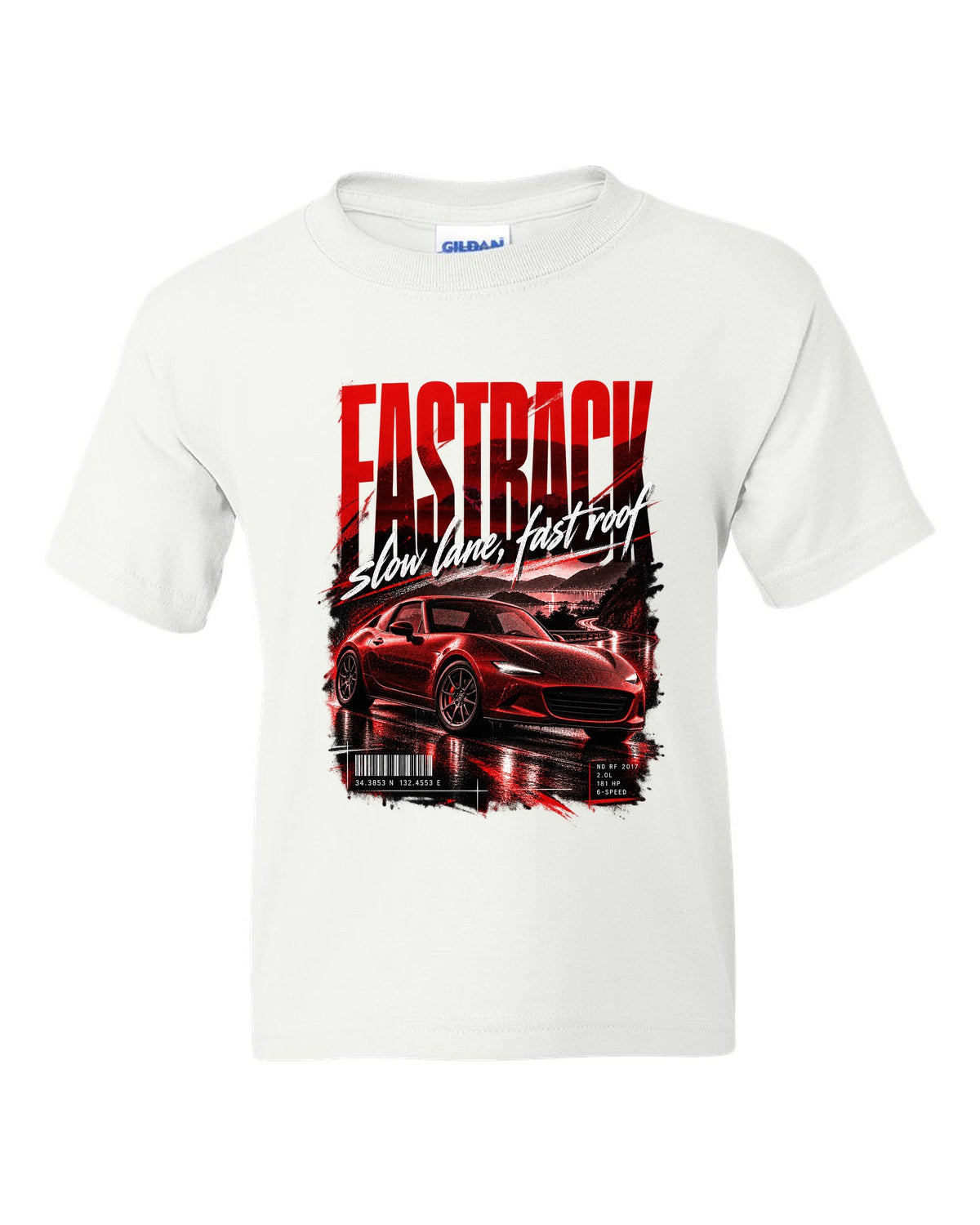 Street poster print for the 2017 Mazda MX-5 ND RF reading fastback, slow lane, fast roof white kids tee front view with the design