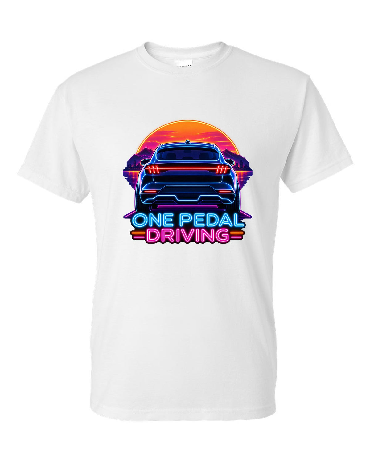 Neon sign print of the 2020 Mustang Mach-E CX727 tail bar reading One Pedal Driving white t-shirt front view with the design