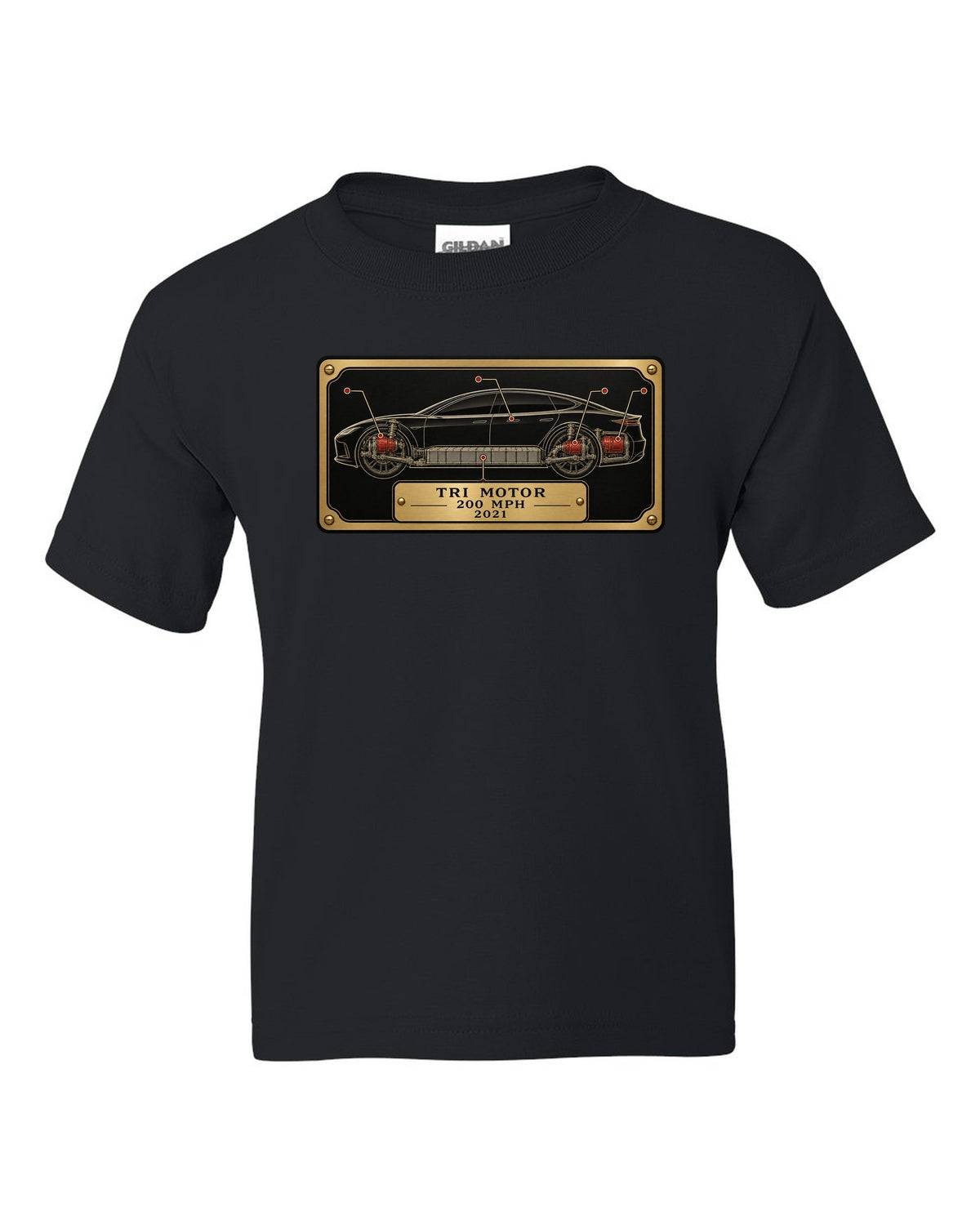 Spec-sheet data plate layout for a 2021 Tesla Model S Plaid with the words Tri Motor 200 MPH 2021 black kids tee front view with the design