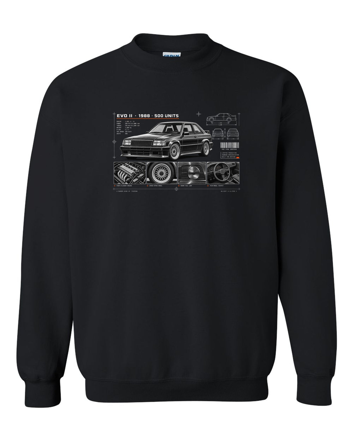 BMW E30 M3 Evo II 1988 dossier panel print with 500 units text black crewneck front view with the design