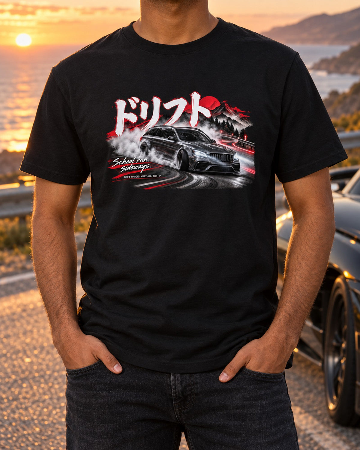 Mercedes W213 E63 S Wagon Drift Night Shirt, School Run Sideways T-Shirt Black worn hero