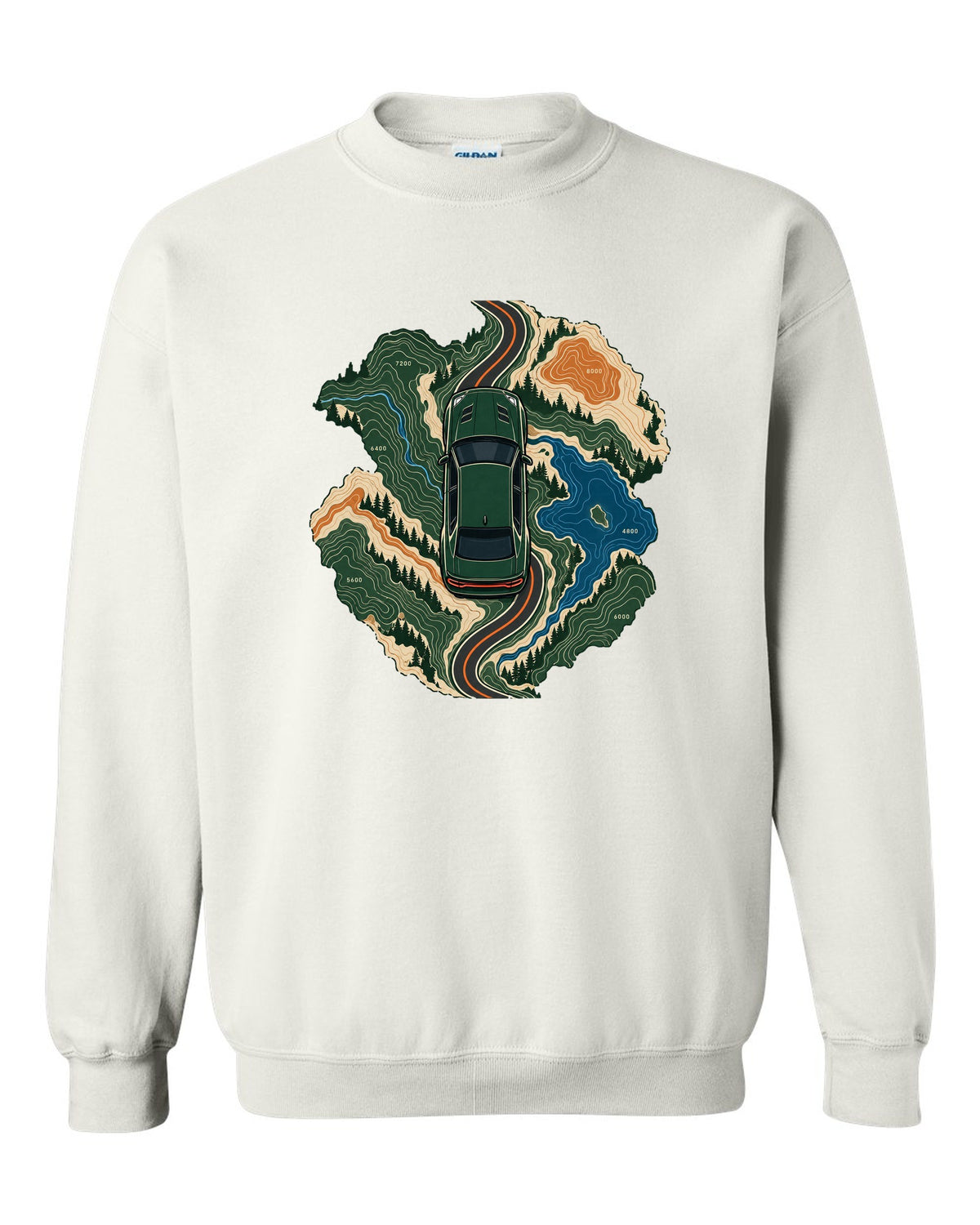 Topographic route map design with a 2019 Dodge Charger Scat Pack and 392 HEMI caption white crewneck front view with the design