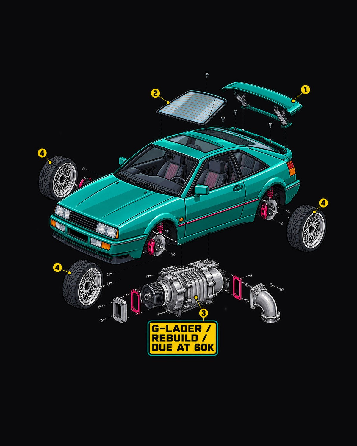 VW Corrado G60 Exploded Engine Cutaway Shirt, G-Lader Rebuild design only