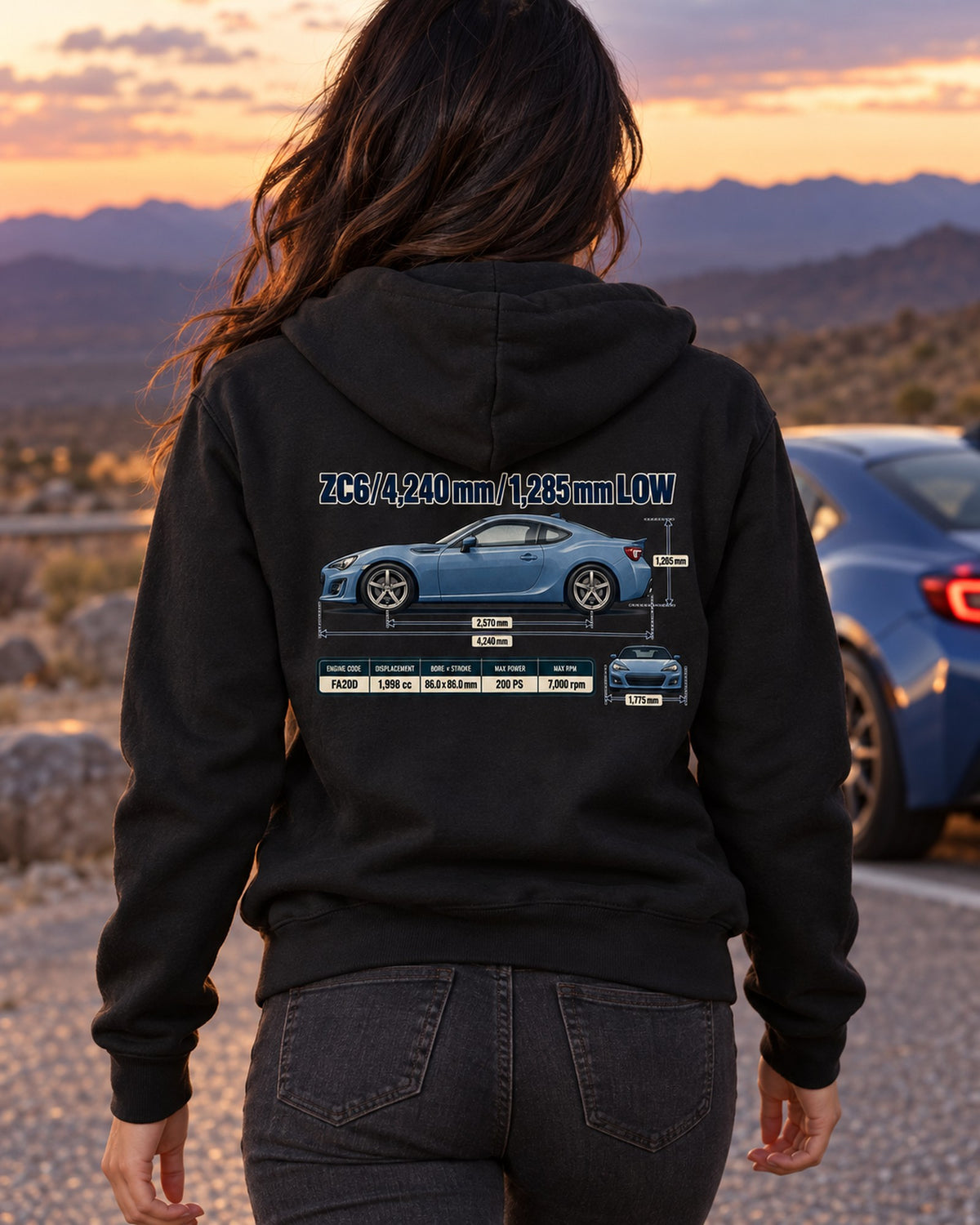 Subaru BRZ ZC6 Dimension Blueprint Shirt, Low-Slung Car Gift Zip Hoodie Black worn hero