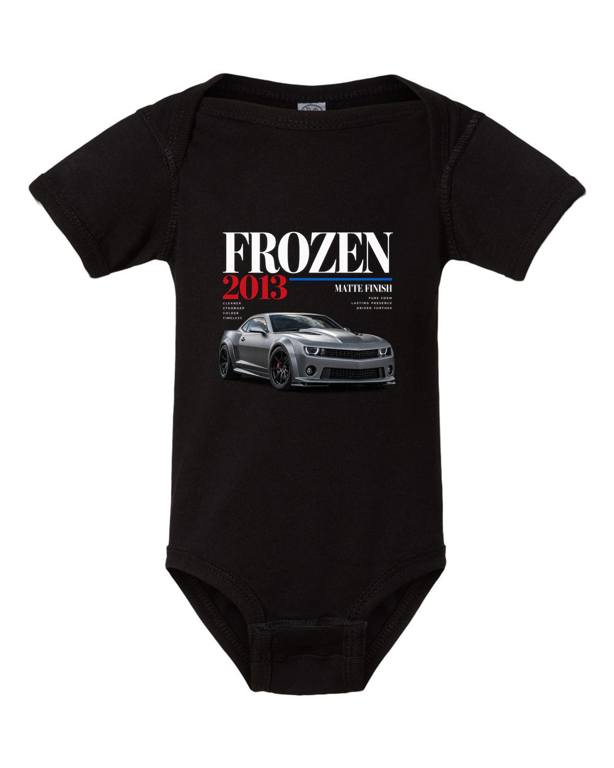 BMW E92 M3 Frozen Edition editorial print with matte finish headline black baby onesie front view with the design