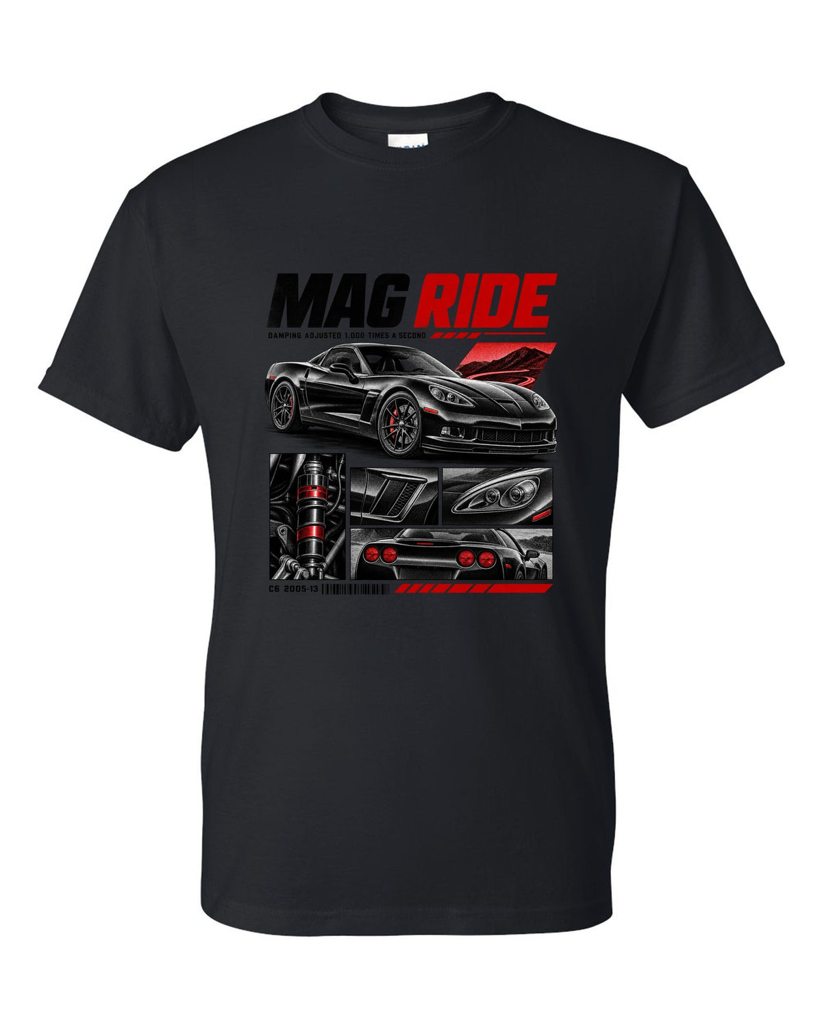 Corvette C6 coupe in dossier panels with magnetic ride text black t-shirt front view with the design
